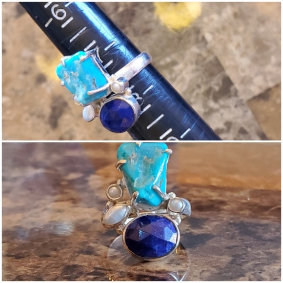 Genuine Blue Mojave Turquoise & Lapis Ring Sz 7.5 - Picture 7 of 7
